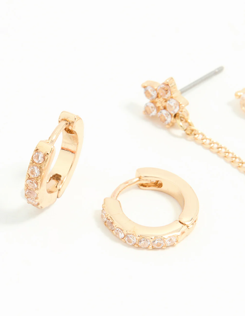 Gold Cubic Zirconia Chain & Flower Huggie Earrings 2-Pack - Image 4