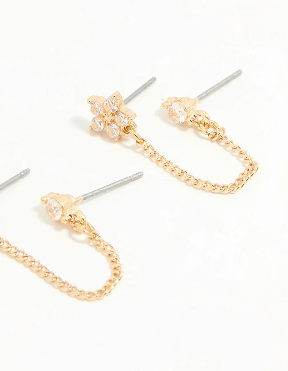Gold Cubic Zirconia Chain & Flower Huggie Earrings 2-Pack - Image 5