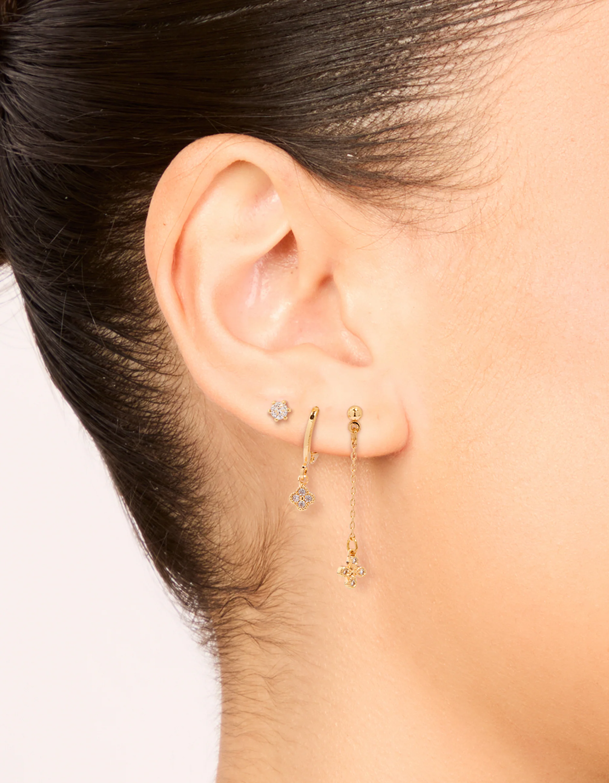 Gold Cubic Zirconia Chain & Stud Earrings 3-Pack - Image 2