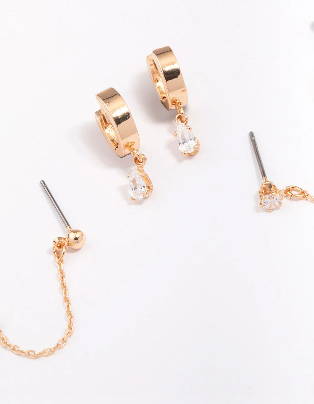 Gold Cubic Zirconia Chain Stud & Hoop Earring 3-Pack - Image 3