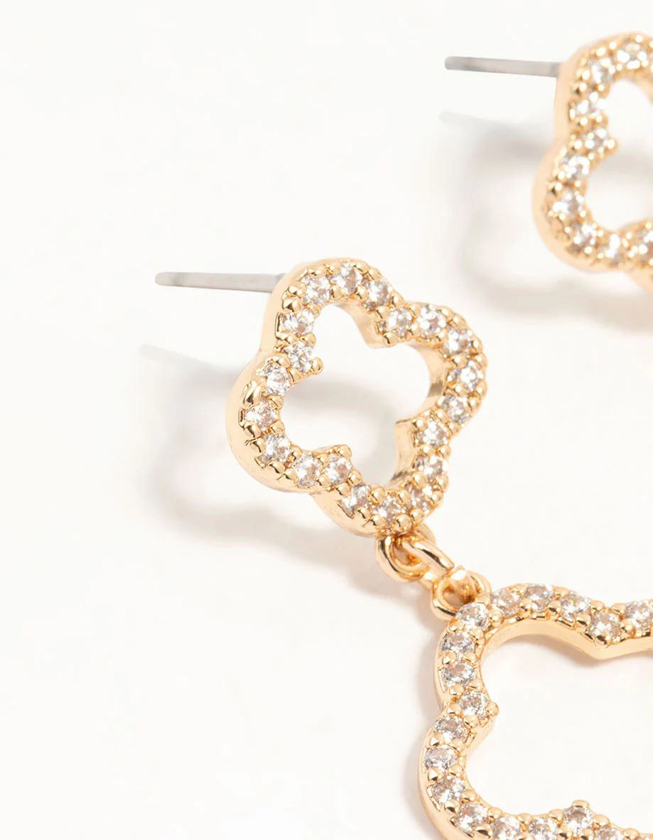 Gold Cubic Zirconia Flower Drop Earrings - Image 4