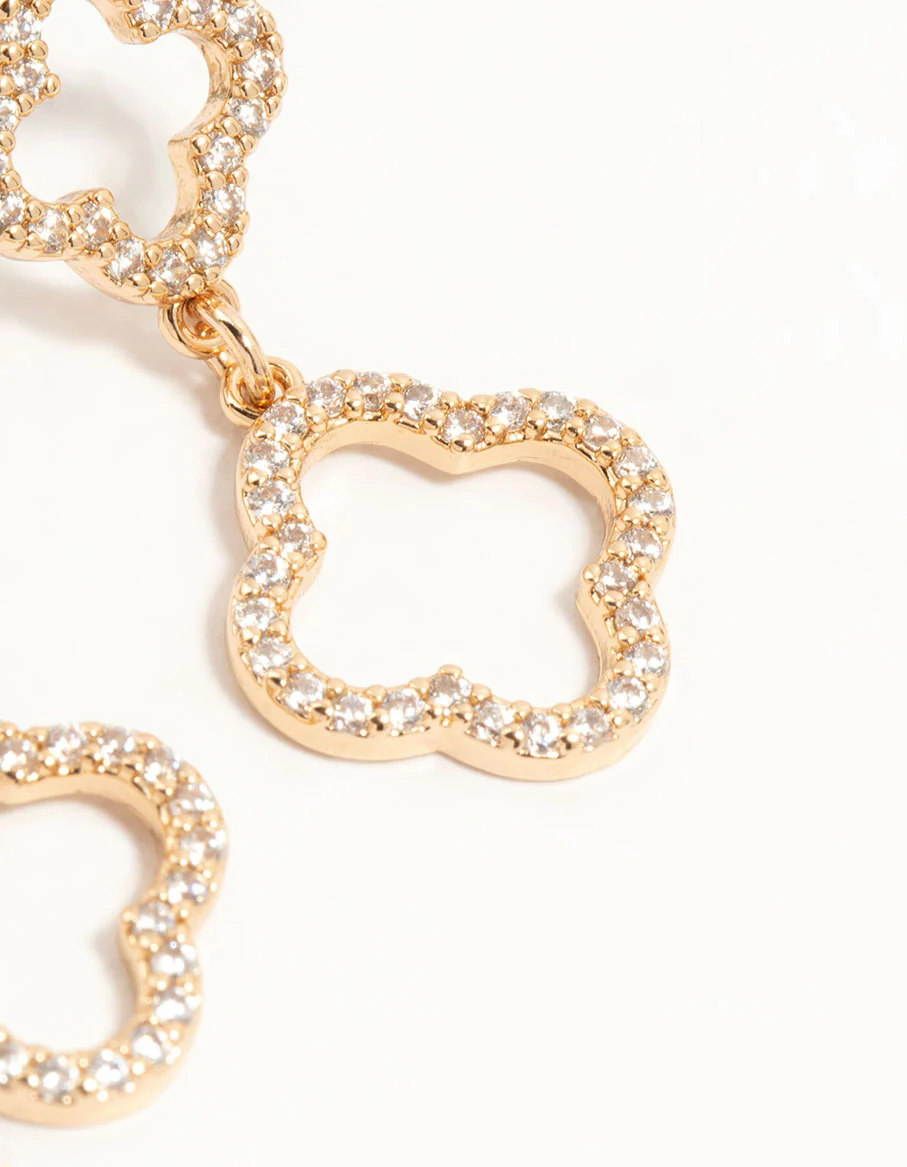 Gold Cubic Zirconia Flower Drop Earrings - Image 5