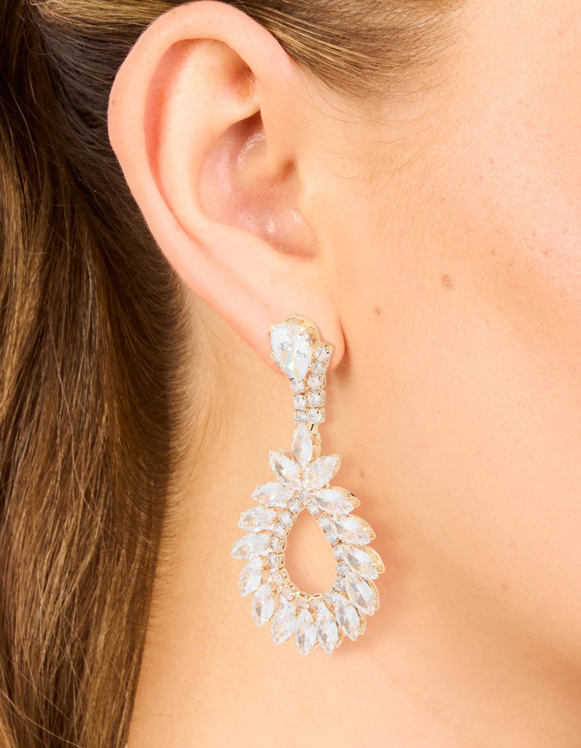 Gold Cubic Zirconia Cluster Drop Earrings - Image 2