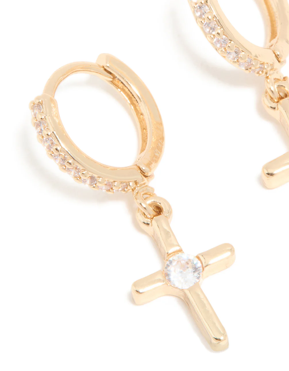 Gold Cubic Zirconia Cross Drop Huggie Earrings - Image 4