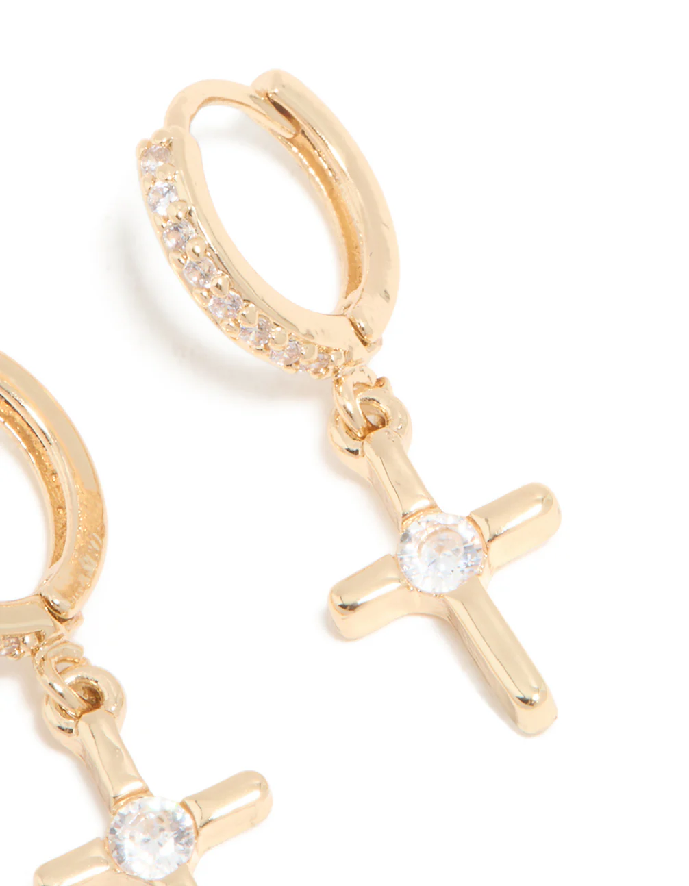 Gold Cubic Zirconia Cross Drop Huggie Earrings - Image 5