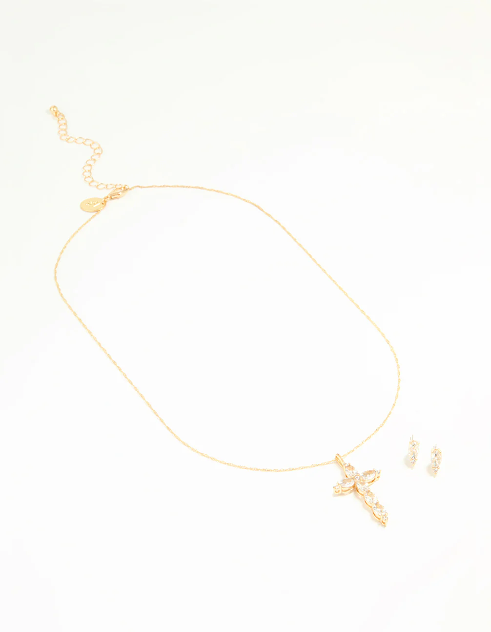 Gold Cubic Zirconia Cross Pendant Necklace & Earrings Set - Image 2