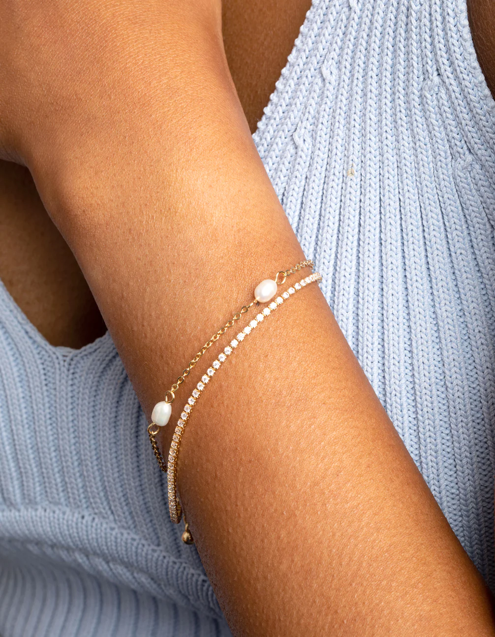 Gold Plated Cubic Zirconia Cupchain & Pearl Bracelets 2-Pack - Image 2