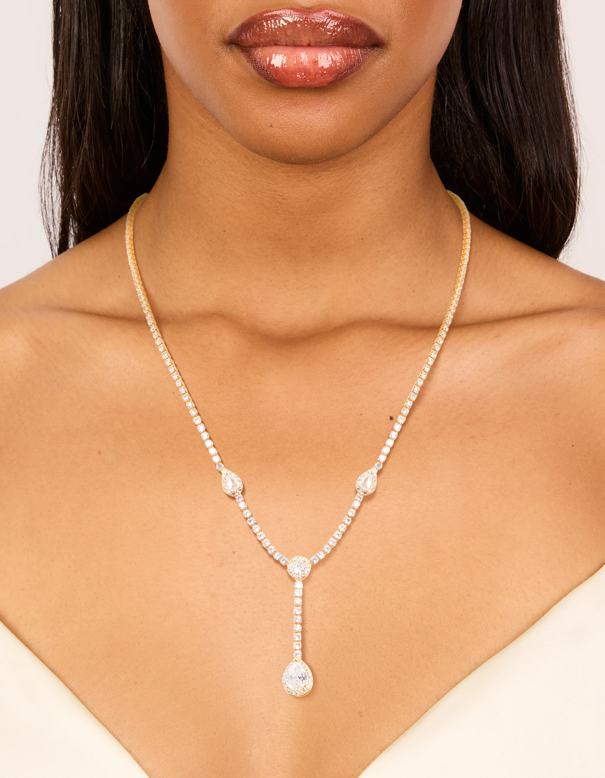 Gold Cubic Zirconia Dainty Bezel Set Y-Necklace - Image 2