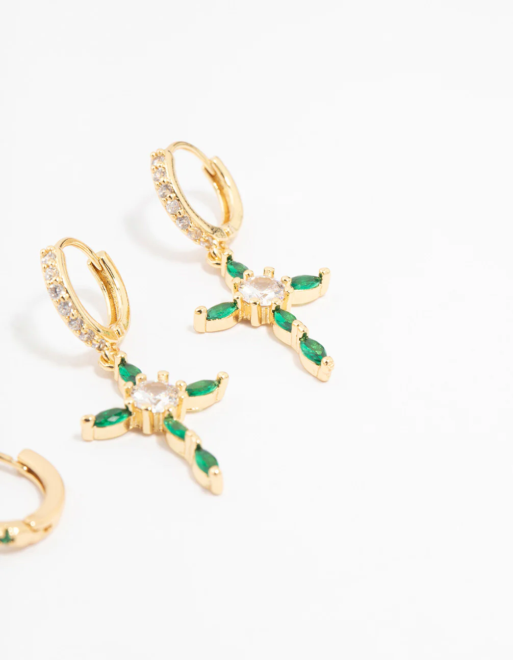 Gold Plated Cubic Zirconia Emerald Marquise Cross Earrings 2-Pack - Image 3