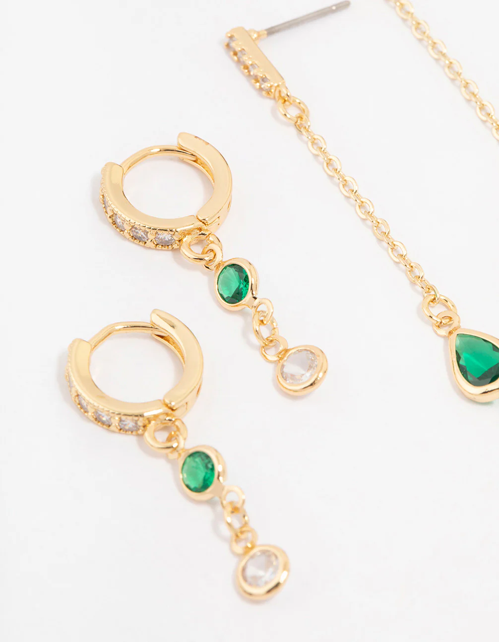 Gold Plated Cubic Zirconia Emerald Round & Pear Earrings 2-Pack - Image 2