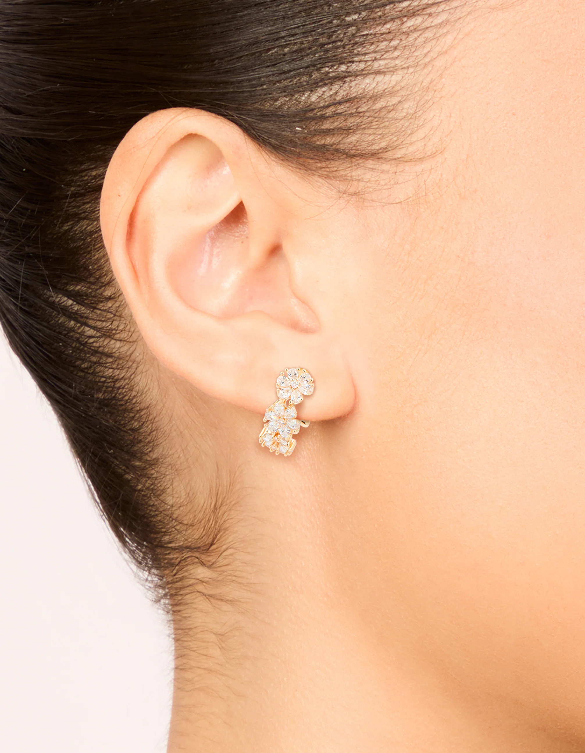 Gold Cubic Zirconia Floral Hoop Earrings - Image 2