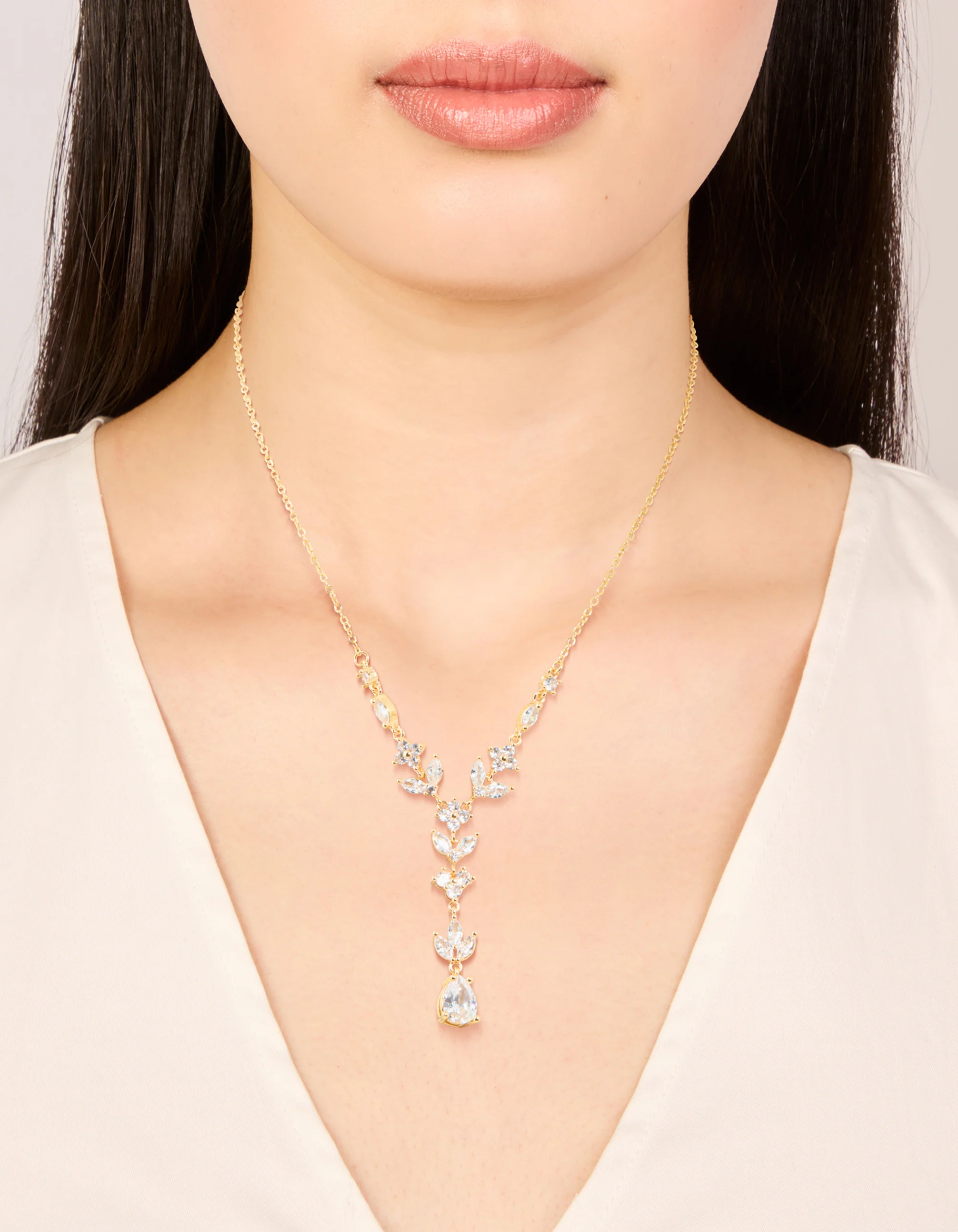 Gold Cubic Zirconia Floral Pear Y-Necklace - Image 2