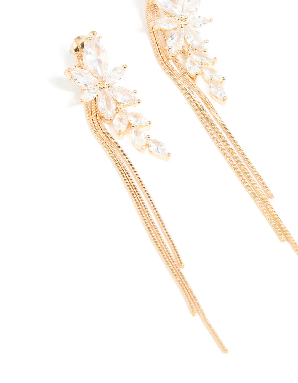 Gold Cubic Zirconia Flower Chain Drop Earrings - Image 4