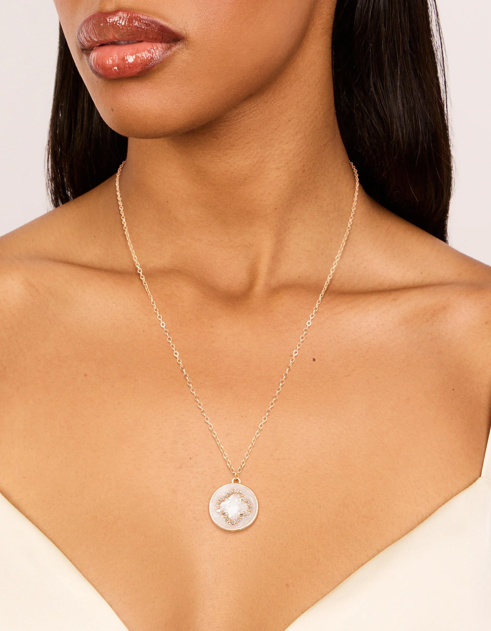 Gold Cubic Zirconia Flower Coin Pendant Necklace - Image 2