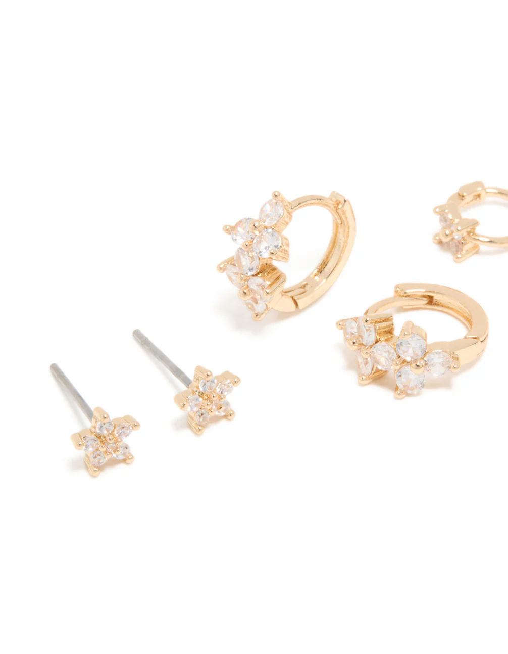 Gold Cubic Zirconia Flower Huggie & Stud Earrings 3-Pack - Image 3