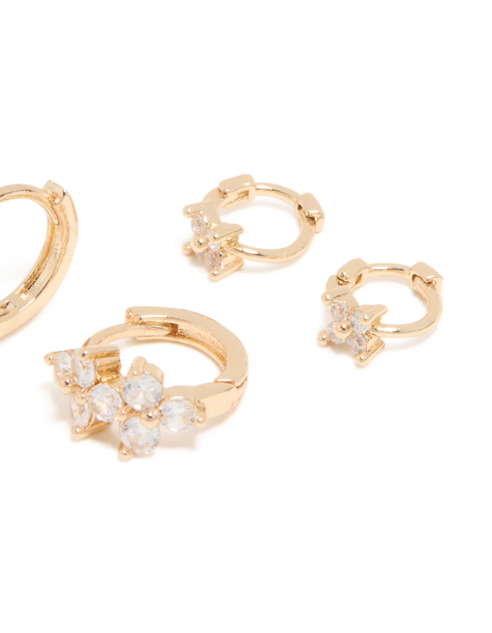 Gold Cubic Zirconia Flower Huggie & Stud Earrings 3-Pack - Image 4