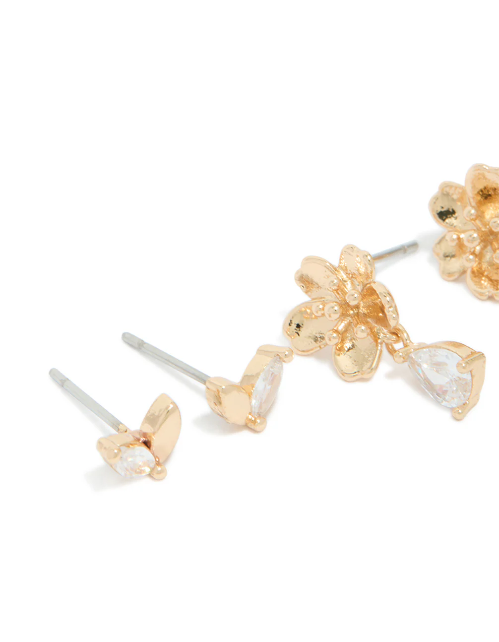 Gold Cubic Zirconia Flower & Petal Earrings 3-Pack - Image 3
