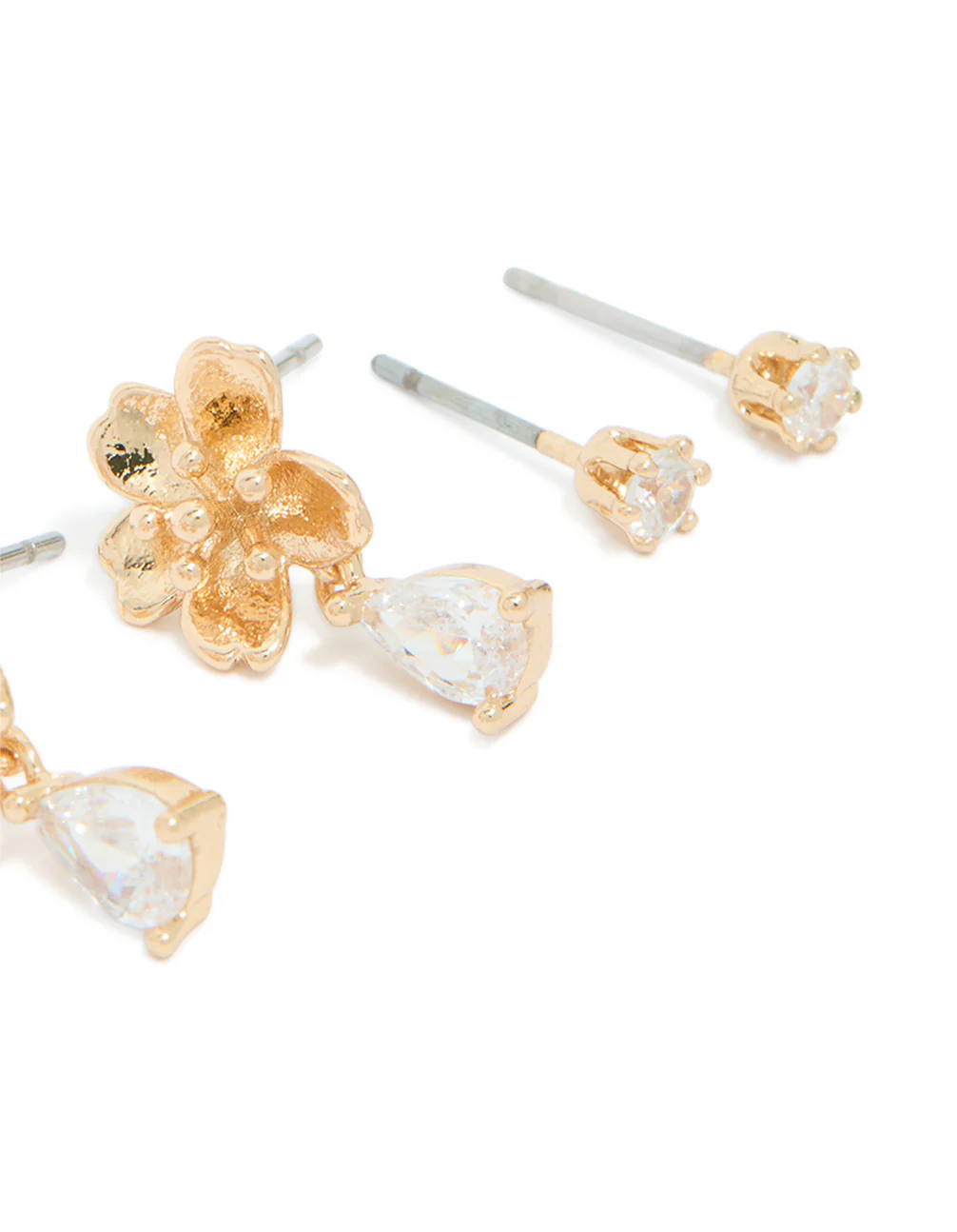 Gold Cubic Zirconia Flower & Petal Earrings 3-Pack - Image 4