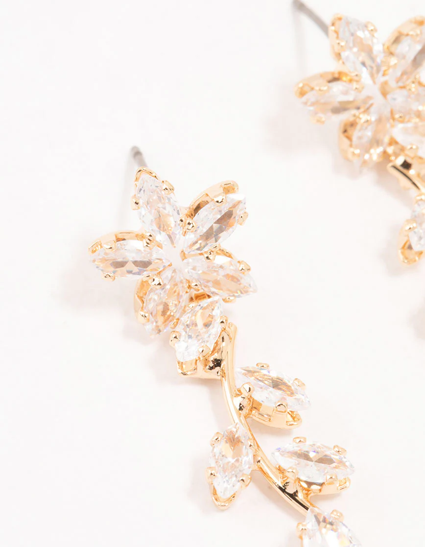 Gold Cubic Zirconia Flower Trail Drop Earrings - Image 2