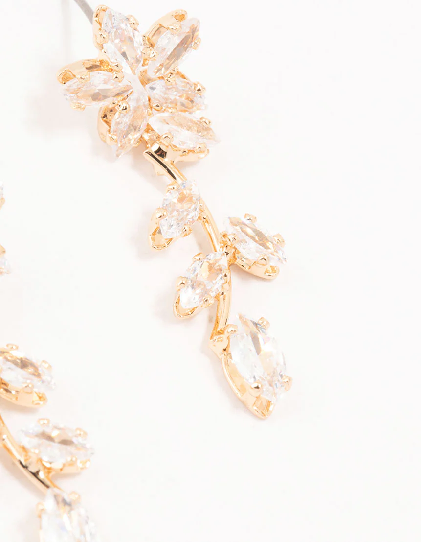 Gold Cubic Zirconia Flower Trail Drop Earrings - Image 3