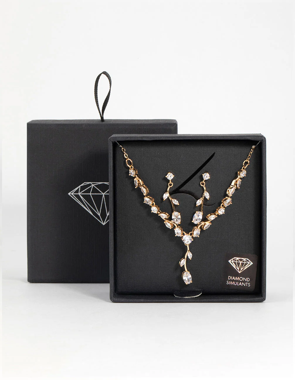 Gold Cubic Zirconia Flower Vine Necklace & Drop Earrings Set - Image 3