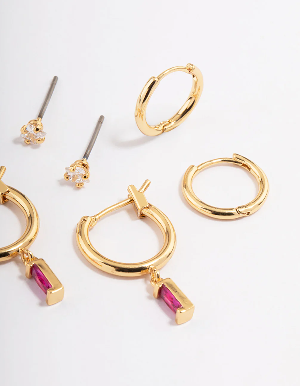 Gold Plated Cubic Zirconia Fuchsia  Huggie Hoop Earrings 6-Pack - Image 5