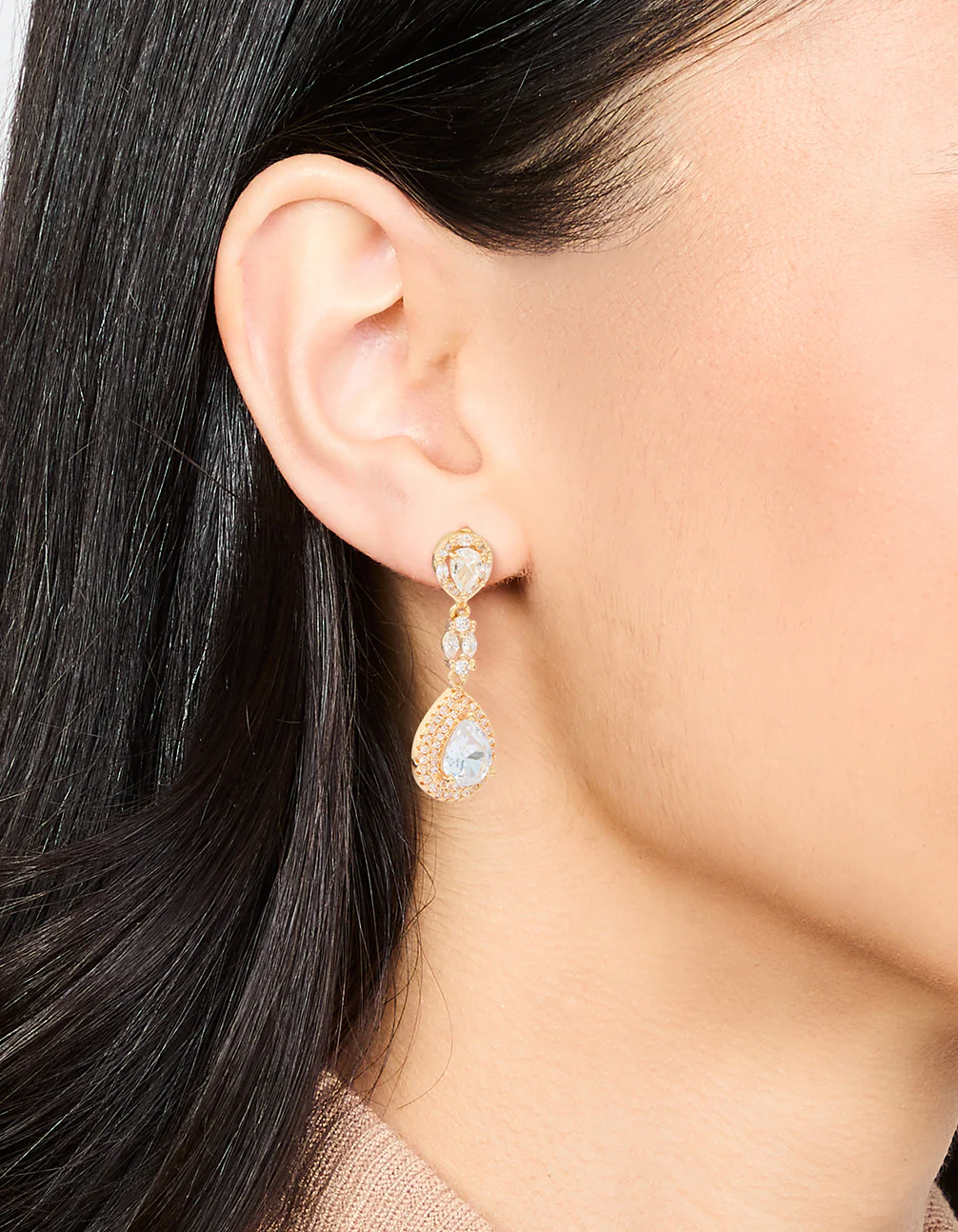 Gold Cubic Zirconia Halo Pear Drop Earrings - Image 2