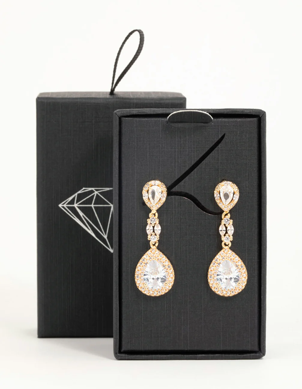 Gold Cubic Zirconia Halo Pear Drop Earrings - Image 5