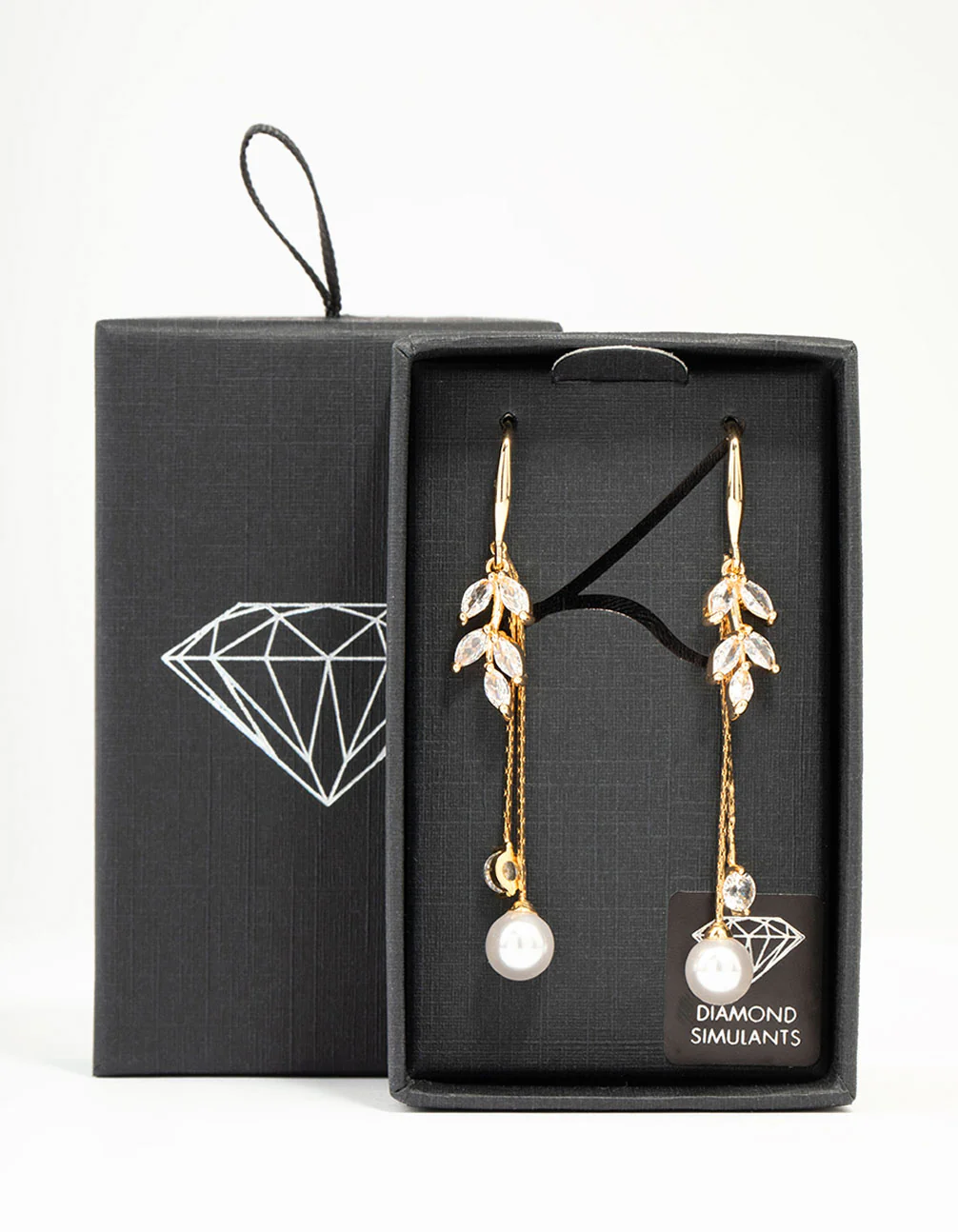 Gold Cubic Zirconia Leaf & Pearl Drop Earrings - Image 3