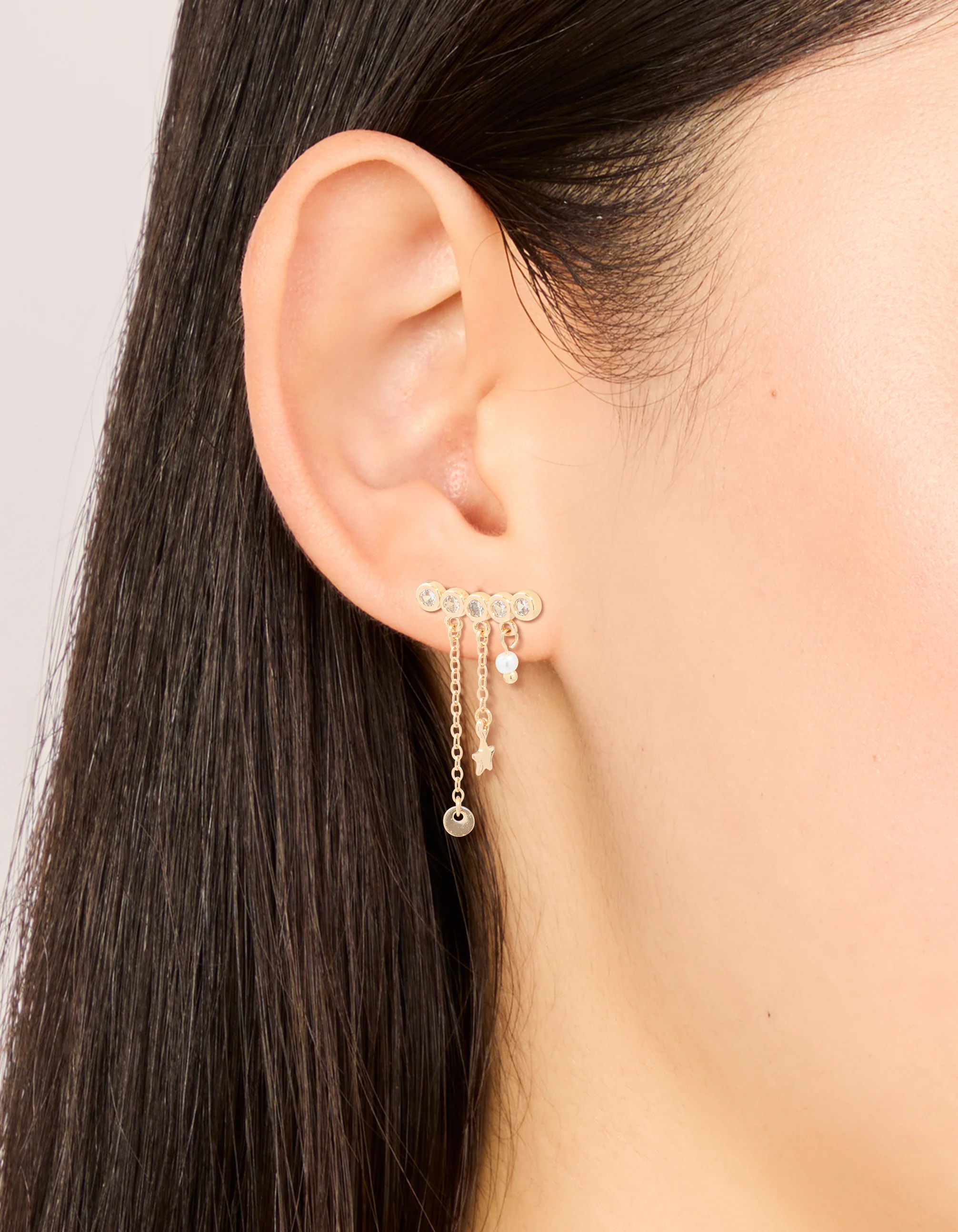 Gold Cubic Zirconia Long Stud Pearl & Star Charm Earrings - Image 2