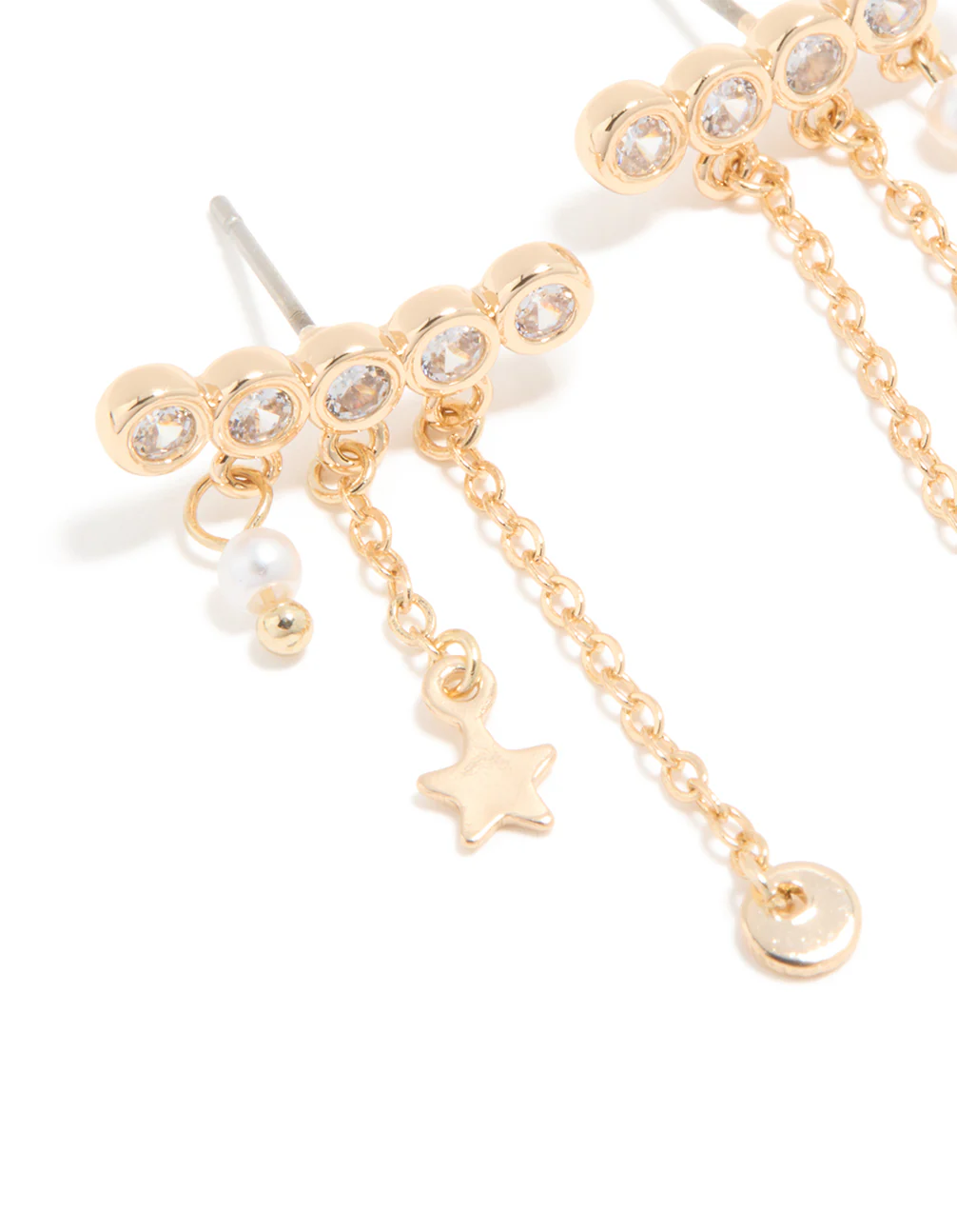 Gold Cubic Zirconia Long Stud Pearl & Star Charm Earrings - Image 4