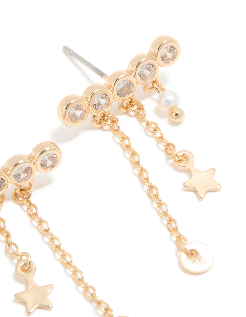 Gold Cubic Zirconia Long Stud Pearl & Star Charm Earrings - Image 5