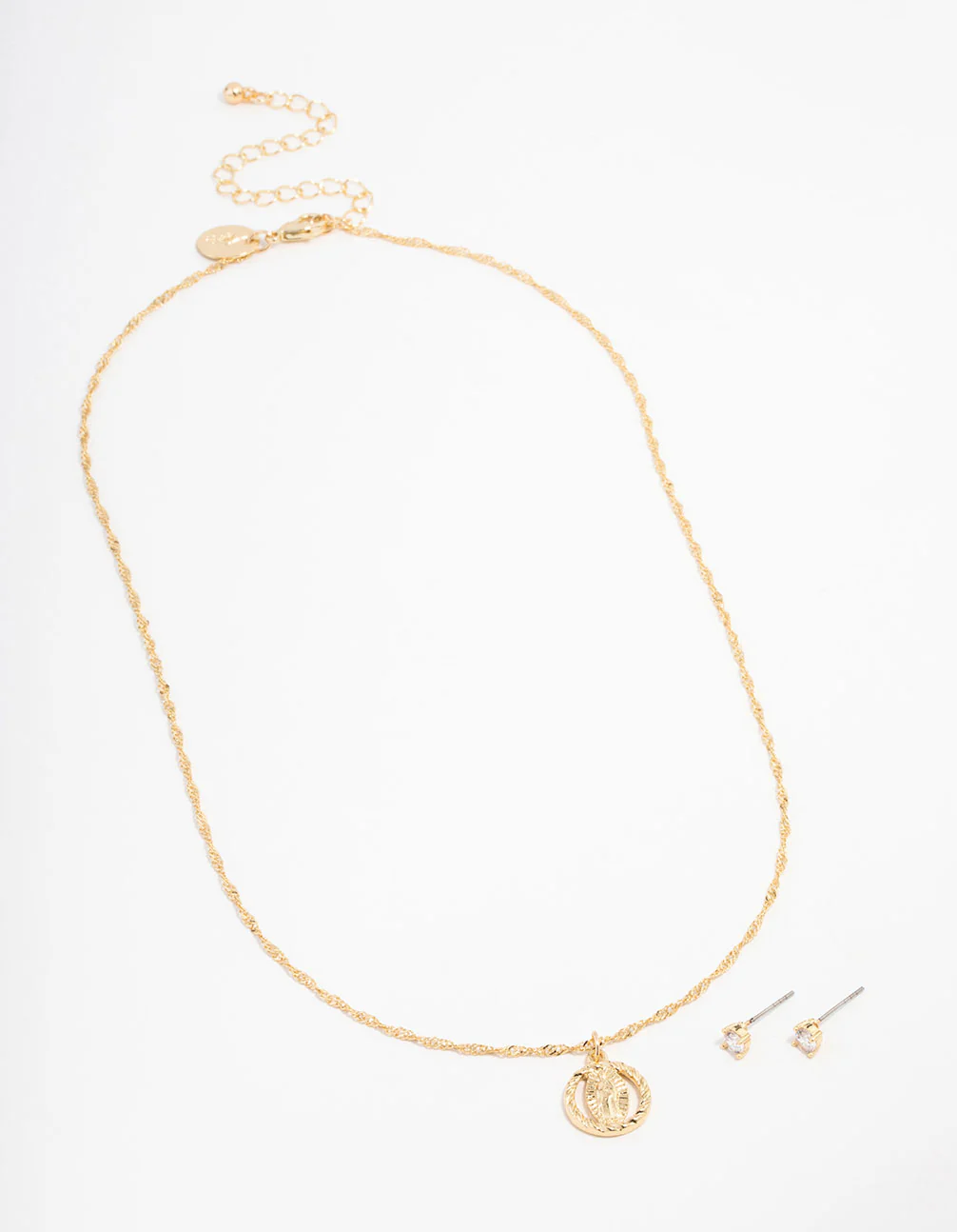 Gold Plated Cubic Zirconia Mary Round Necklace & Stud Earrings Set - Image 2