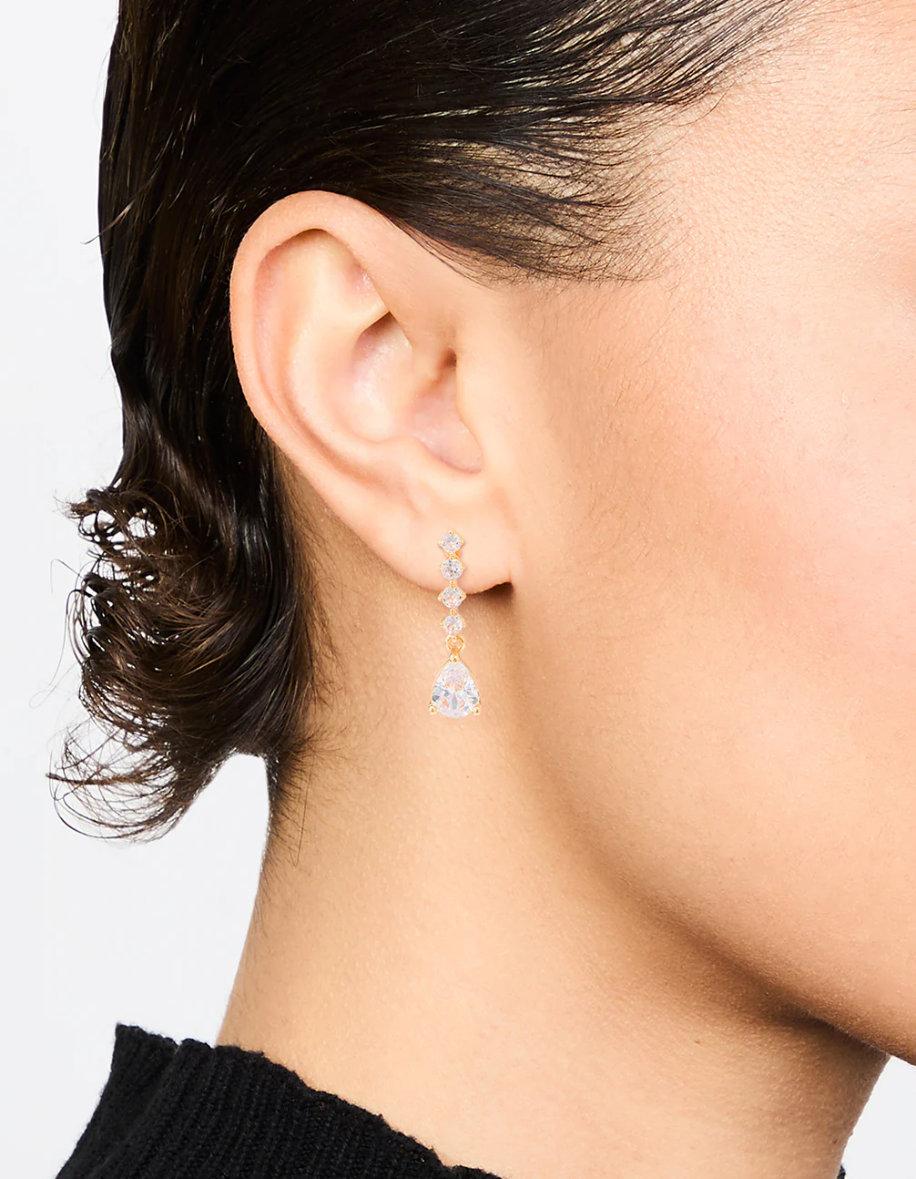 Gold Cubic Zirconia Mini Pear Drop Earrings - Image 2