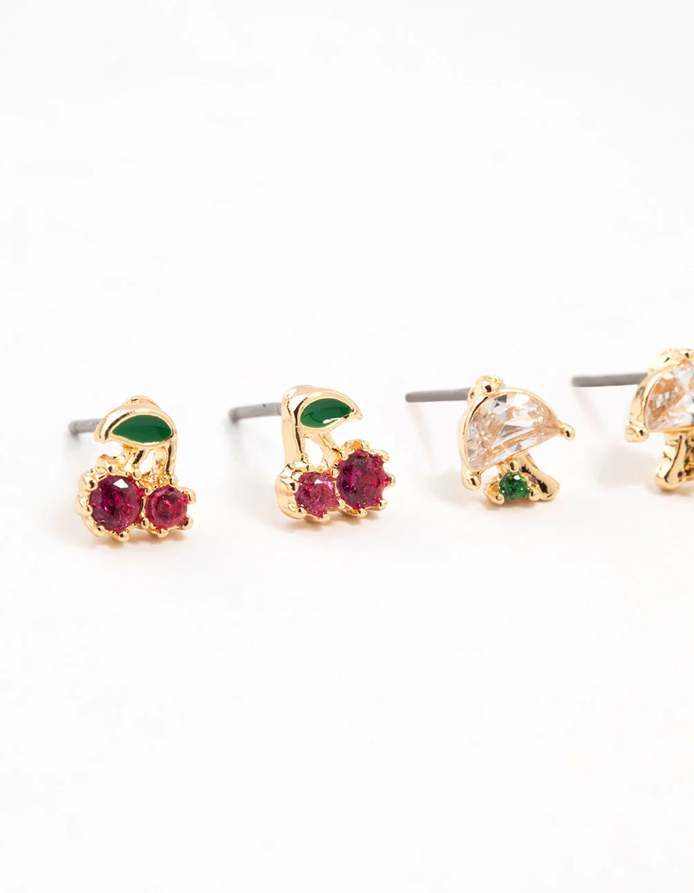 Gold Cubic Zirconia Mixed Fruit Stud Earrings 3-Pack - Image 2