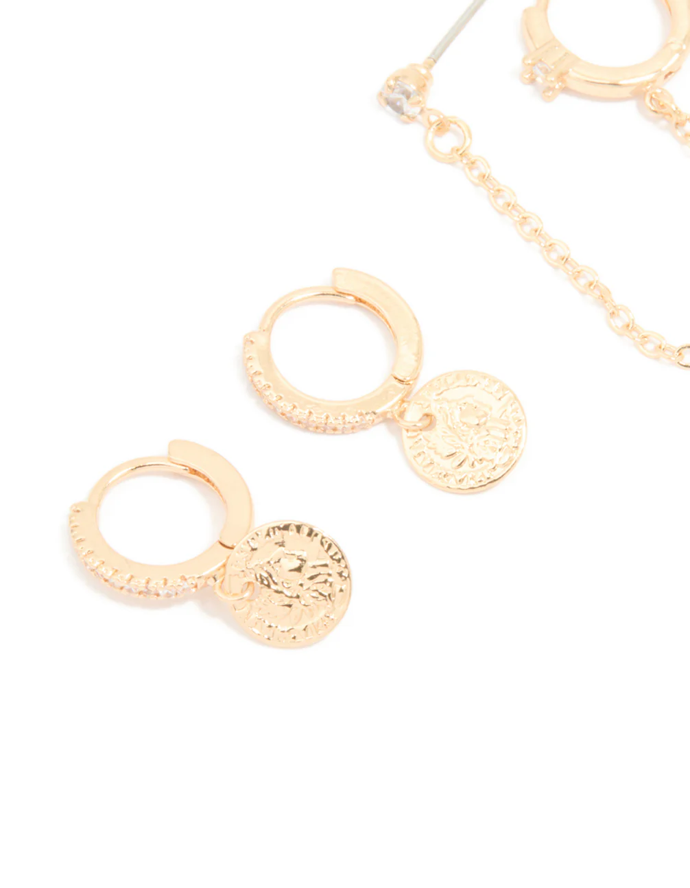 Gold Cubic Zirconia Molten Huggies & Chain Earrings 3-Pack - Image 2