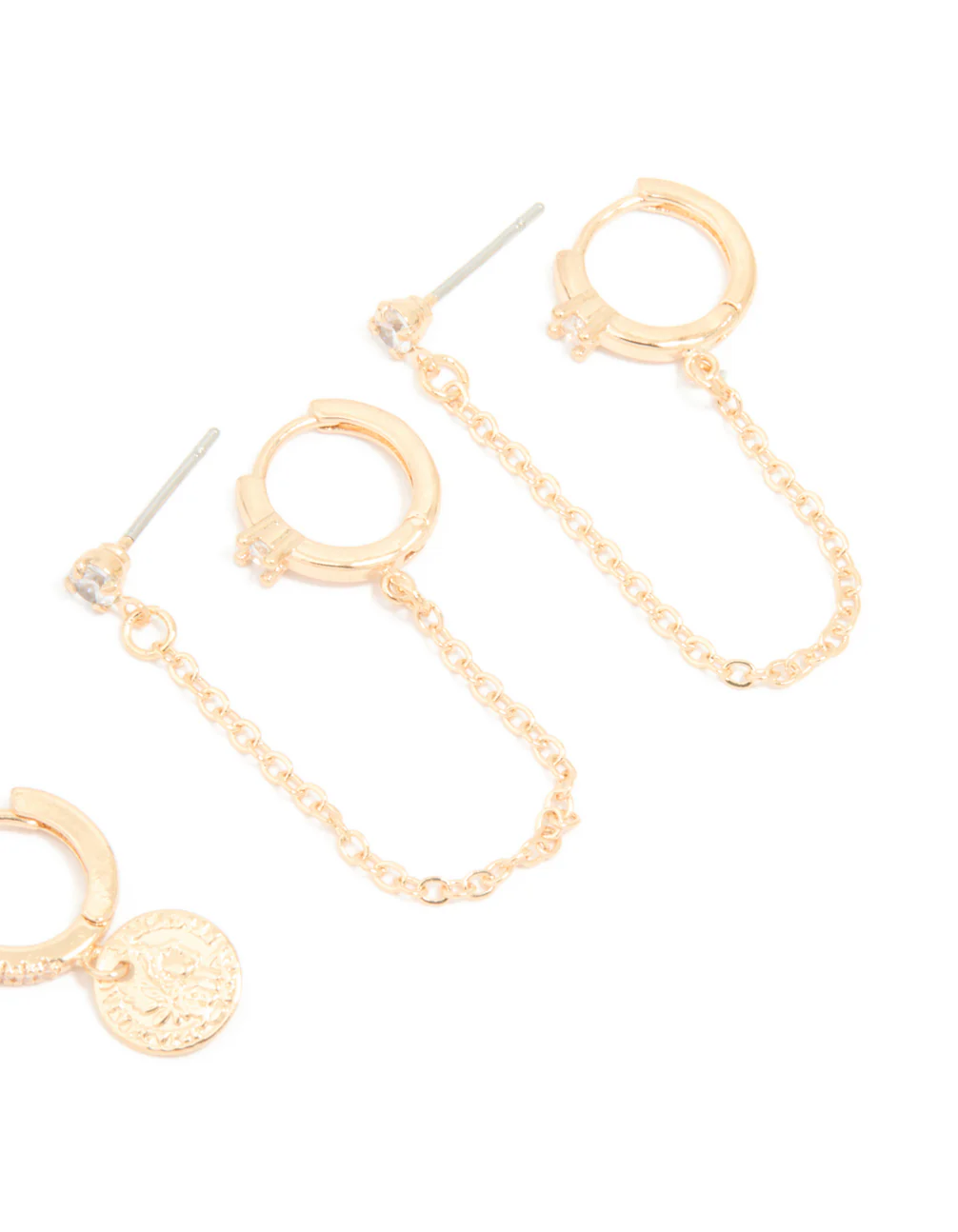 Gold Cubic Zirconia Molten Huggies & Chain Earrings 3-Pack - Image 3