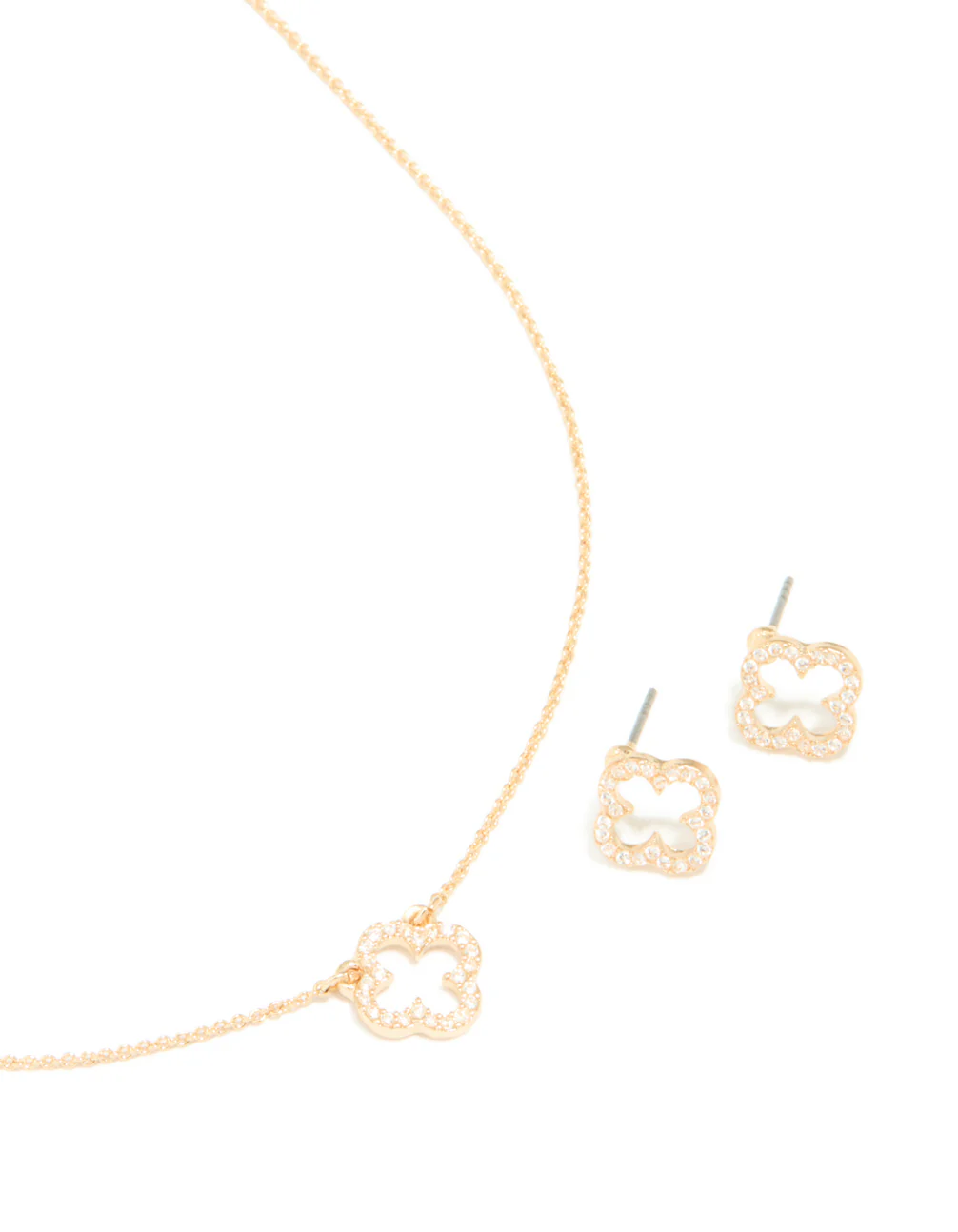 Gold Cubic Zirconia Outline Flower Earring & Necklace Set - Image 2