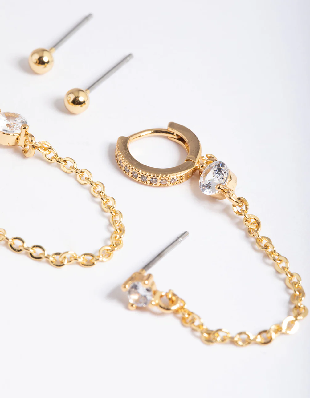 Gold Plated Cubic Zirconia Pave Huggie Chain Earrings 6-Pack - Image 4