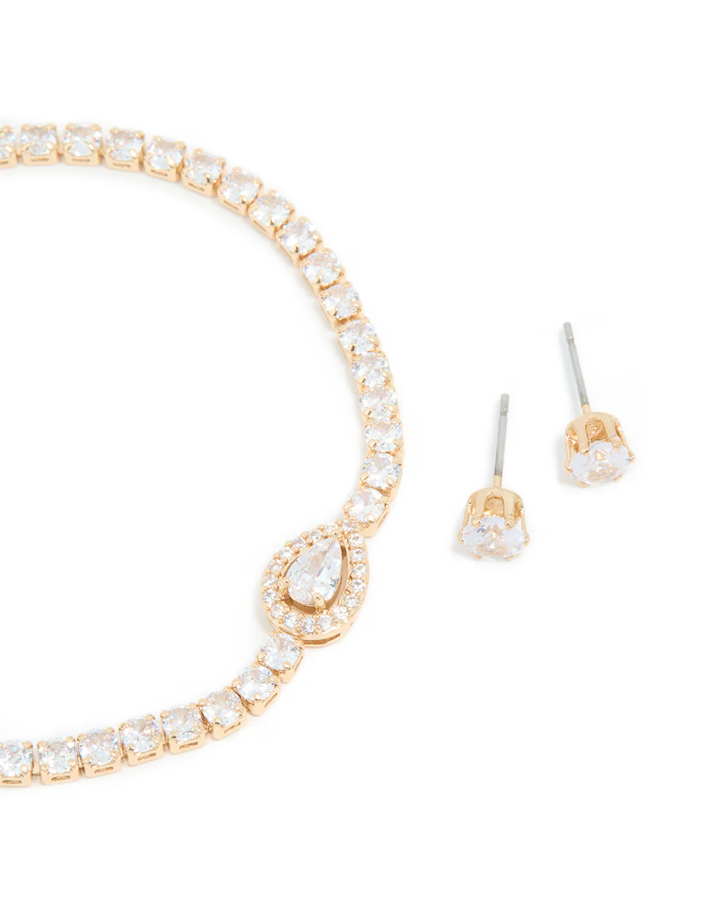 Gold Cubic Zirconia Pear Detail Centre Tennis Bracelet & Earrings Set - Image 2