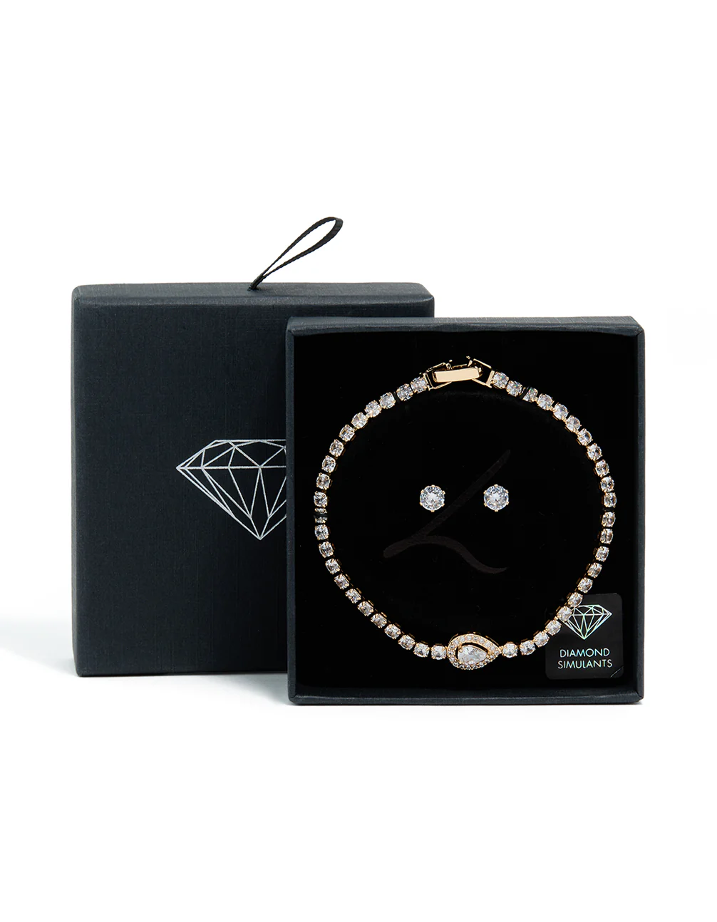 Gold Cubic Zirconia Pear Detail Centre Tennis Bracelet & Earrings Set - Image 3