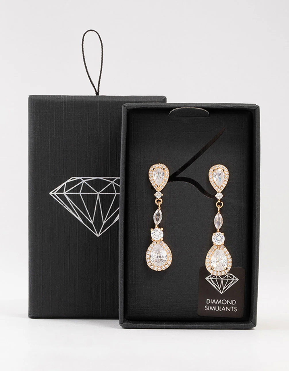 Gold Cubic Zirconia Pear Halo Drop Earrings - Image 3