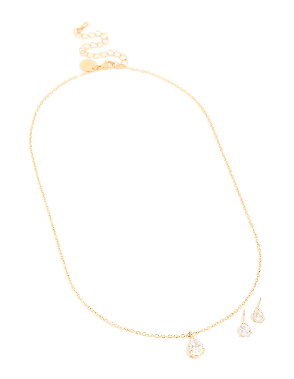 Gold Cubic Zirconia Pear Pendant Necklace & Stud Earrings Set - Image 2