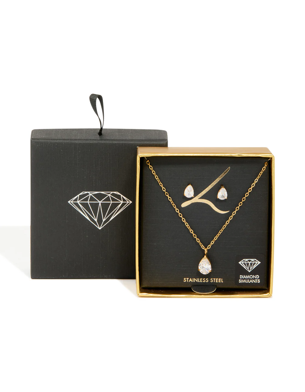 Gold Cubic Zirconia Pear Pendant Necklace & Stud Earrings Set - Image 3