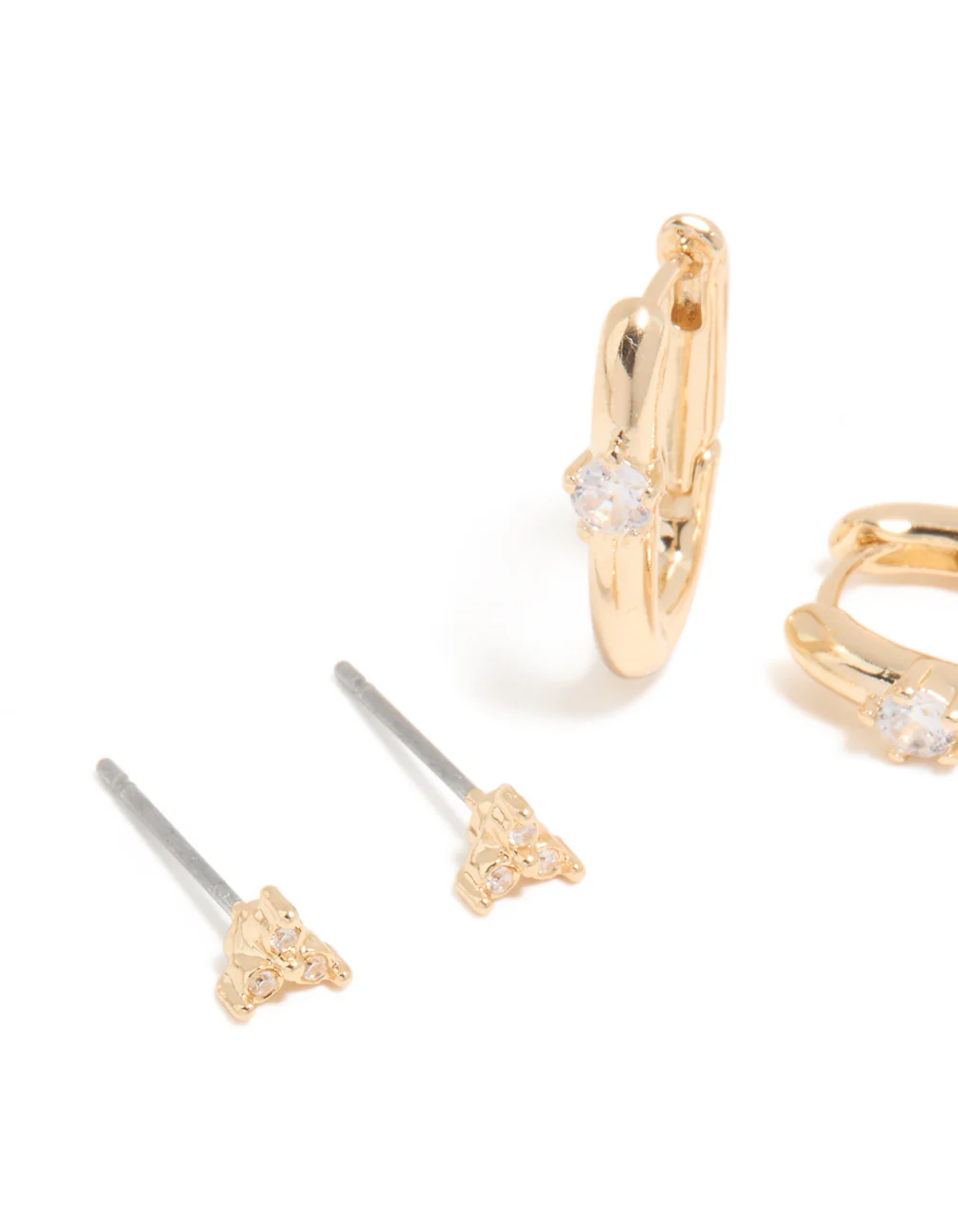 Gold Cubic Zirconia Rectangle Huggie & Stud Earrings 3-Pack - Image 4