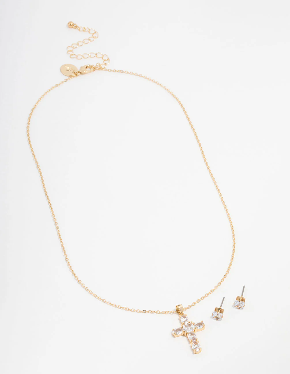 Gold Plated Cubic Zirconia Square Cross Necklace & Stud Earrings Set - Image 2