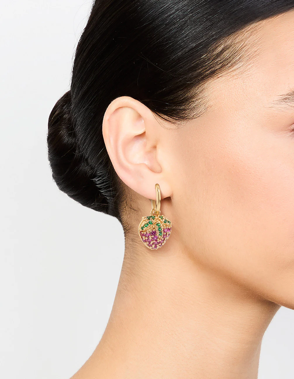 Gold Cubic Zirconia Strawberry Drop Huggie Earrings - Image 2