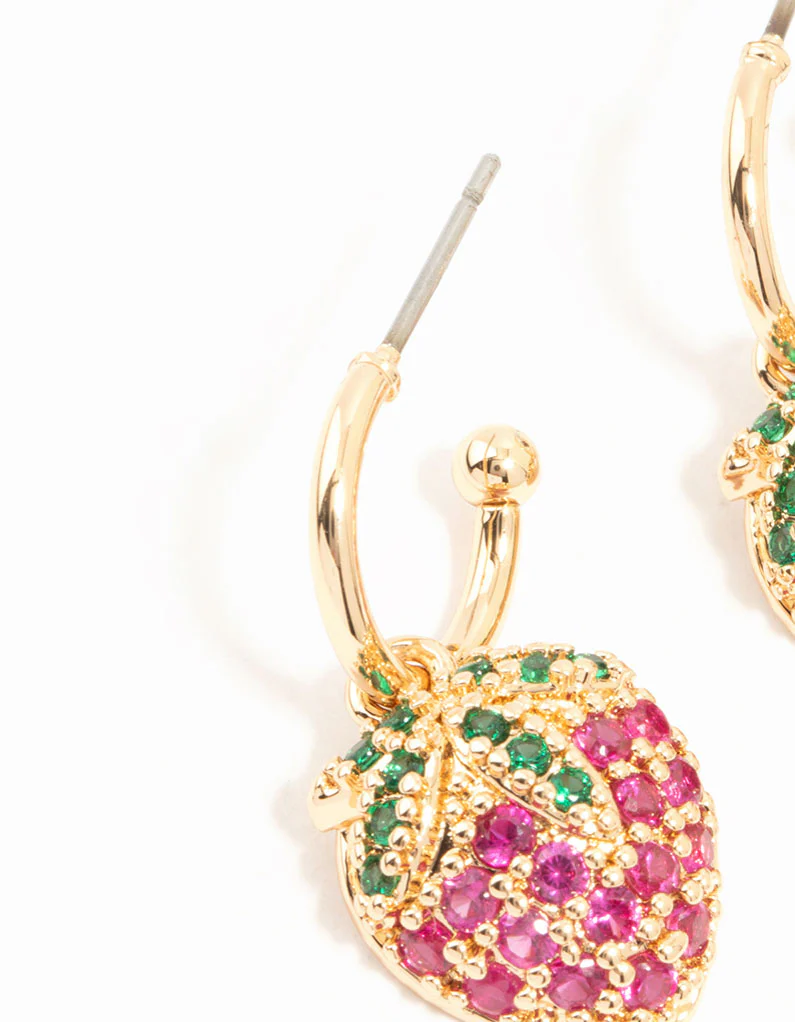 Gold Cubic Zirconia Strawberry Drop Huggie Earrings - Image 4