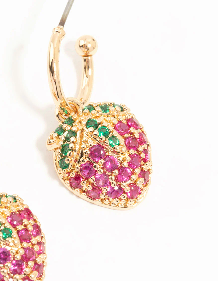 Gold Cubic Zirconia Strawberry Drop Huggie Earrings - Image 5