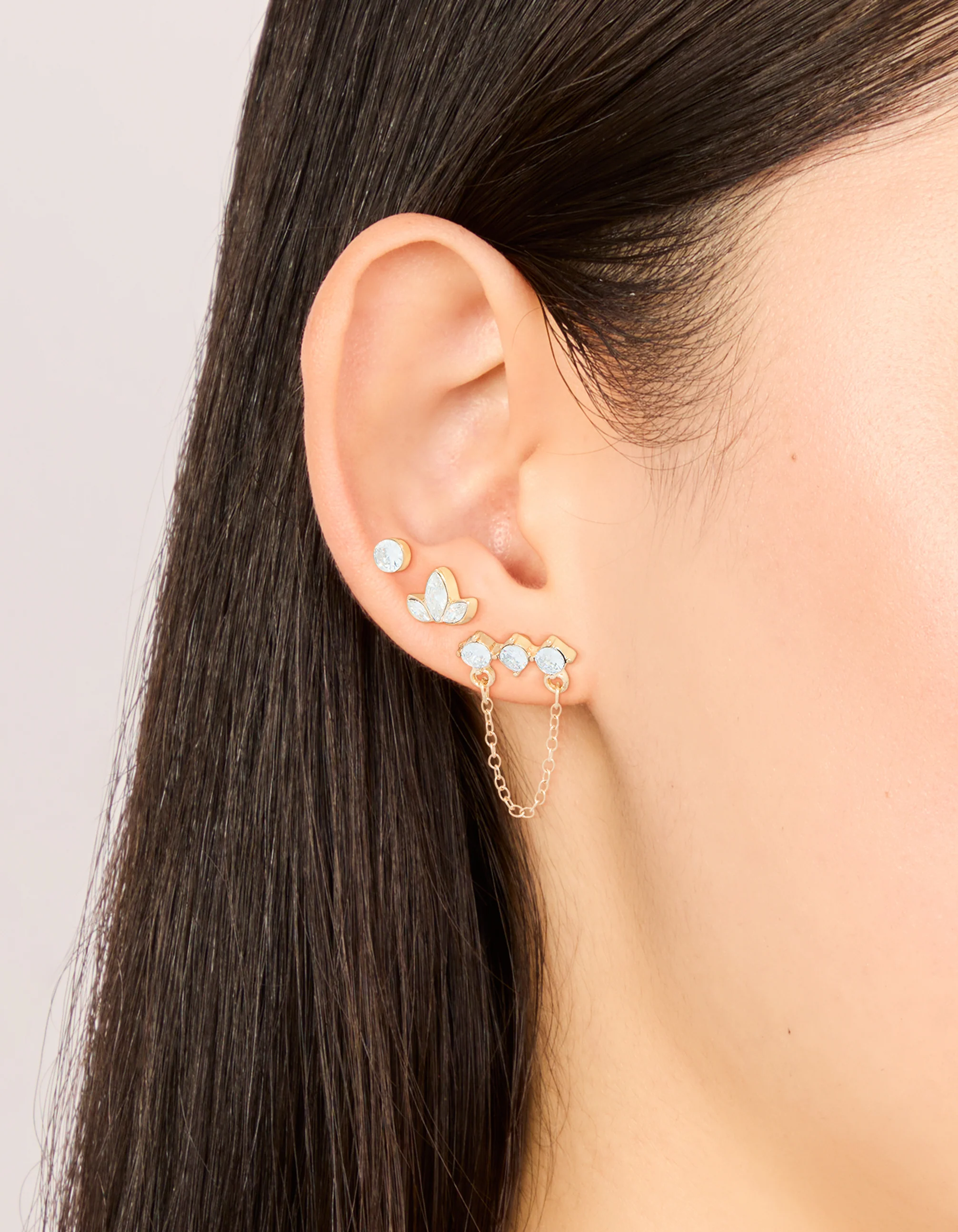 Gold Cubic Zirconia Stud & Chain Earrings 3-Pack - Image 2